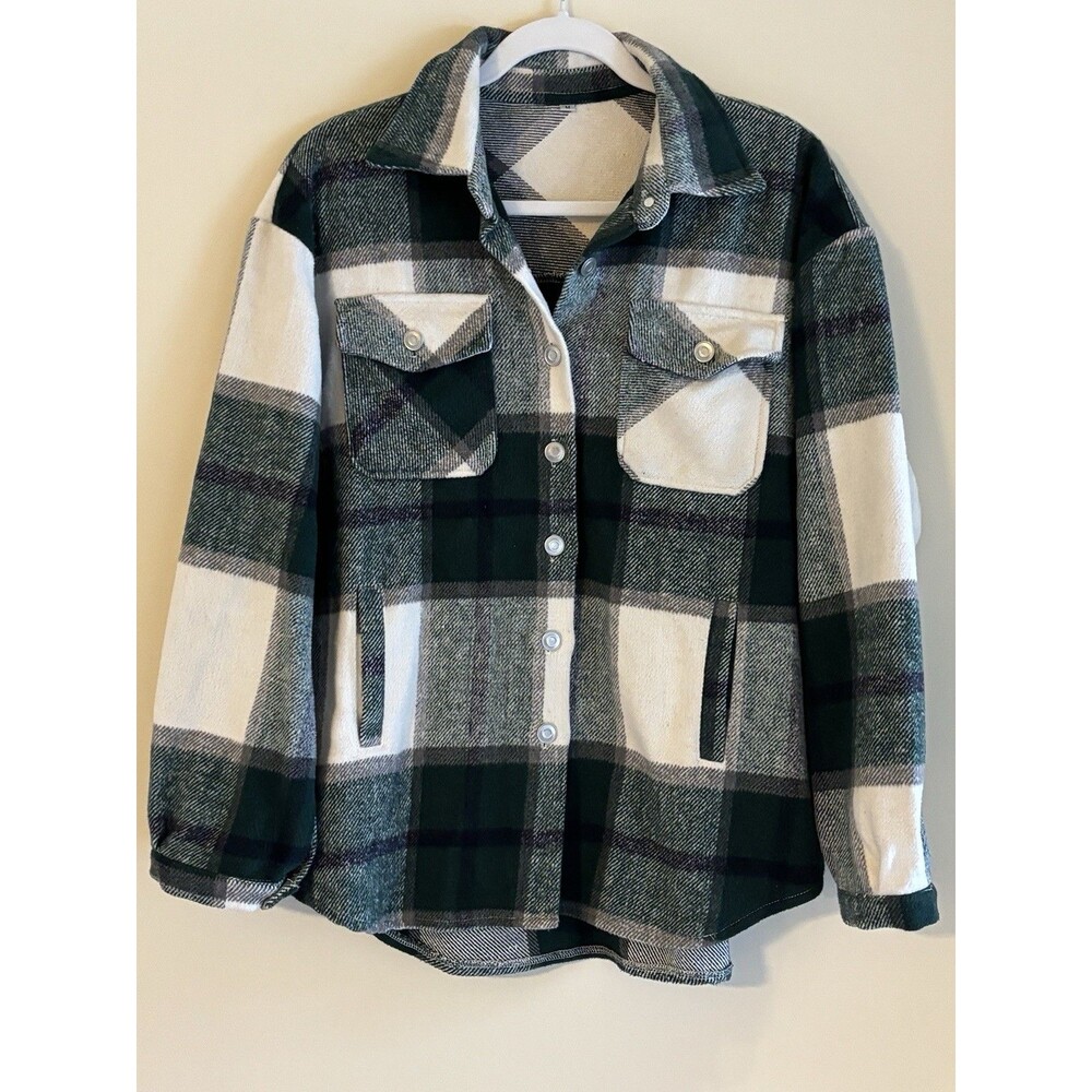 Womens Medium Green Plaid Shacket Oversized Flannel Shirt Jacket Snap